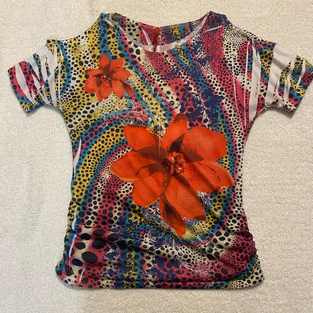 Vibrant Y2K Orange Floral Multicolor Tee